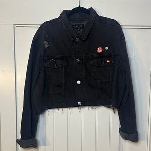 PacSun Size XL Black Distressed Denim Jacket‎ with Patches